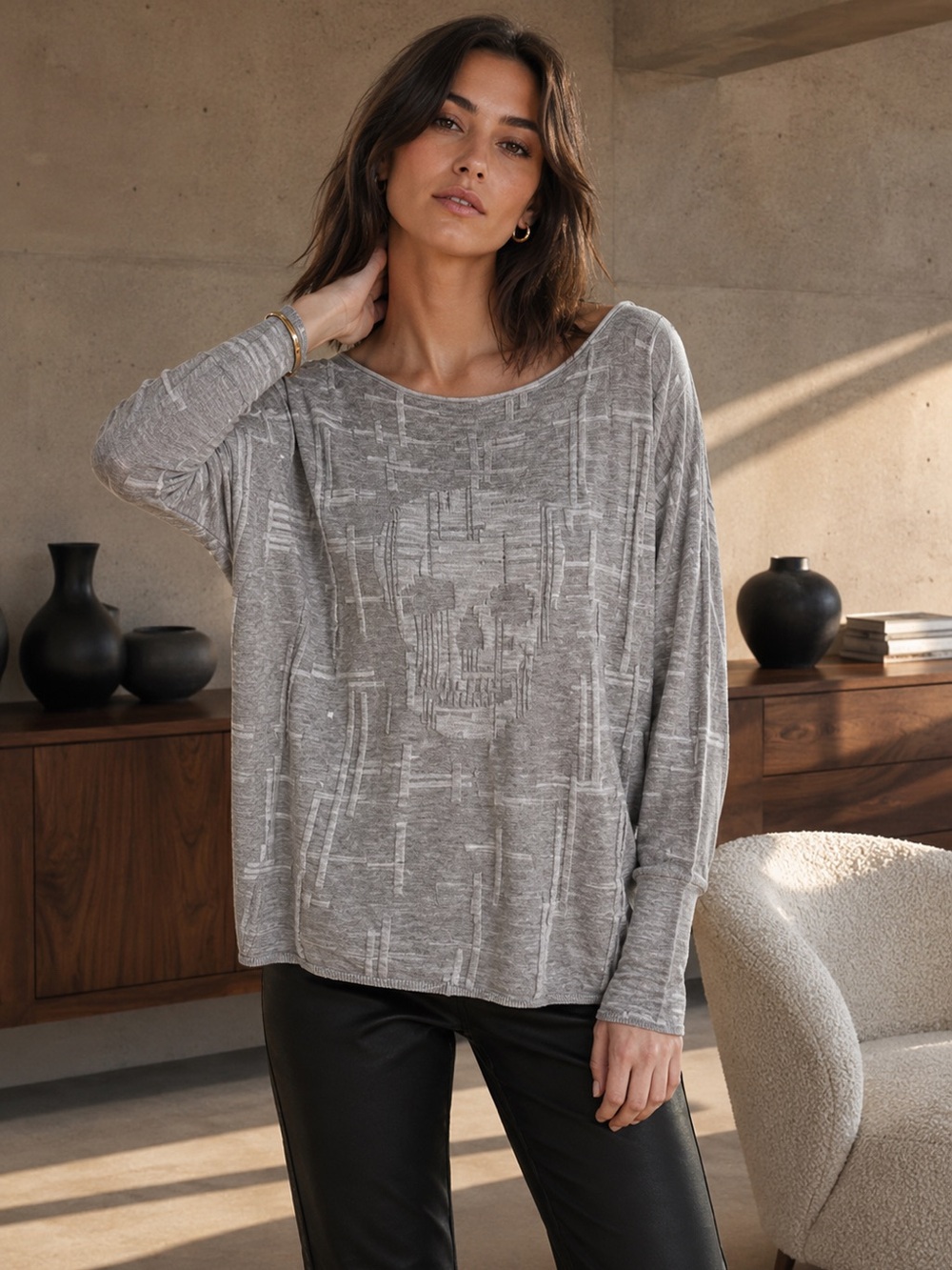 Skull Cashmere Lilith Cotton Skull Sweater Gray Relaxed Knit Large